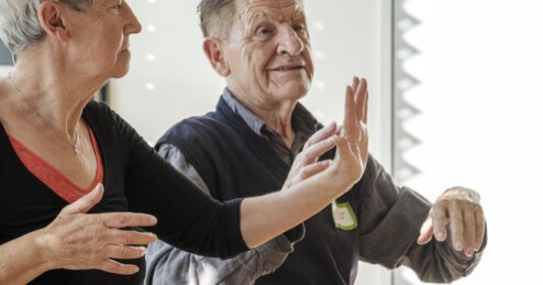 An elderly woman and an elderly man stand next to each other and make dance movements with their hands.