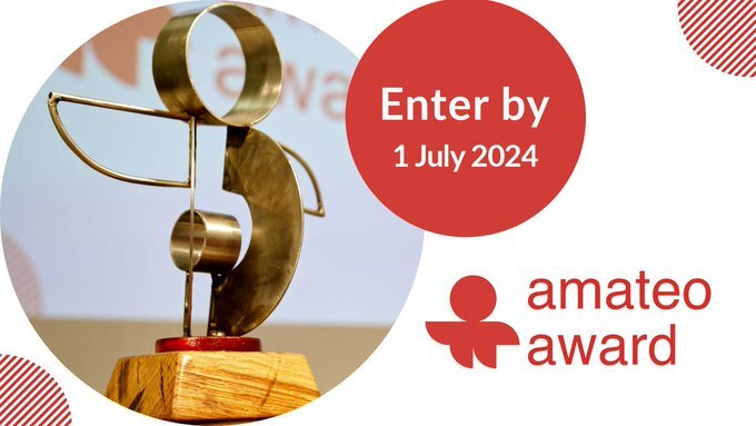 Graphic with a photo of a golden trophy, a red circle with the white inscription "Enter by 1 July 2024" and the red lettering "amateo award".