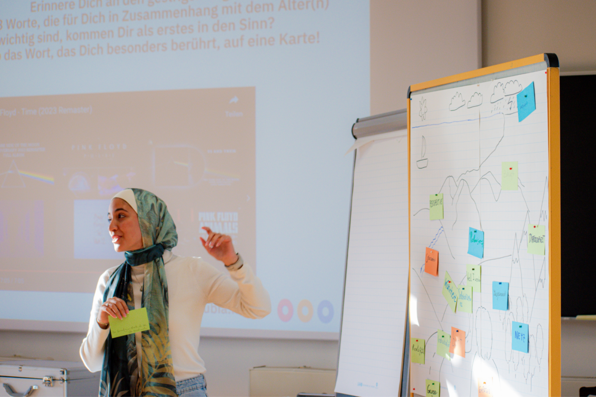 Eine junge Frau, die ein Kopftuch trägt, steht neben einem Flipchart. Sie hält eine grüne Moderationskarte in der Hand.