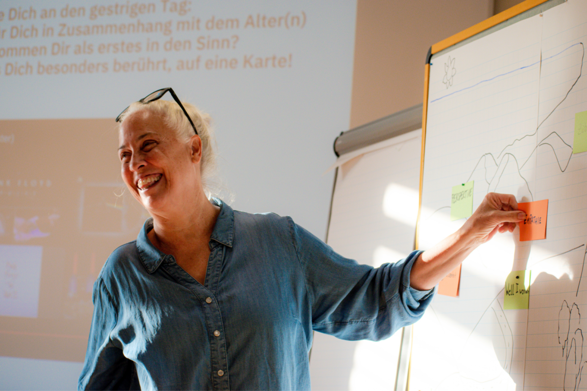 Eine ältere lachende Frau steht vor einem Flipchart und klebt eine orange Haftnotiz-Karte darauf. Auf der Karte steht „Empathie“.