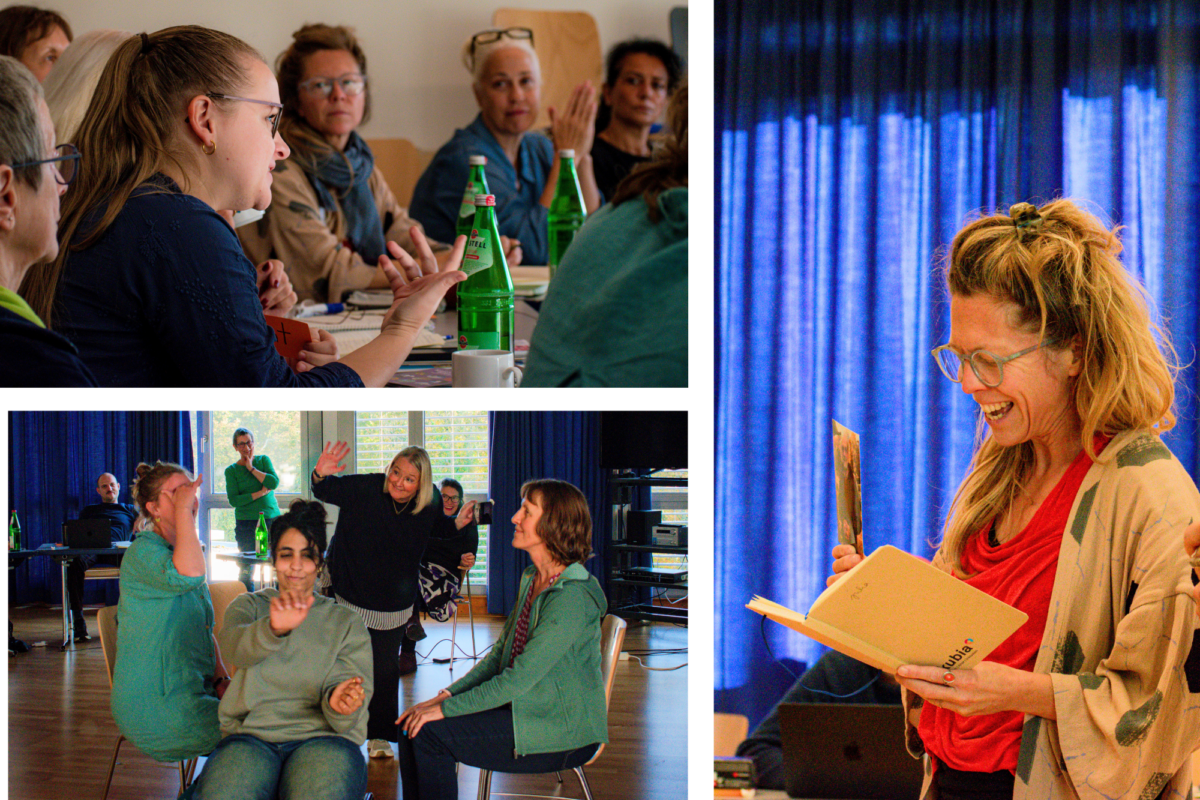 Fotocollage aus Aufnahmen, die Zertifikatskurs-Teilnehmendem in einem Seminarraum zeigen.